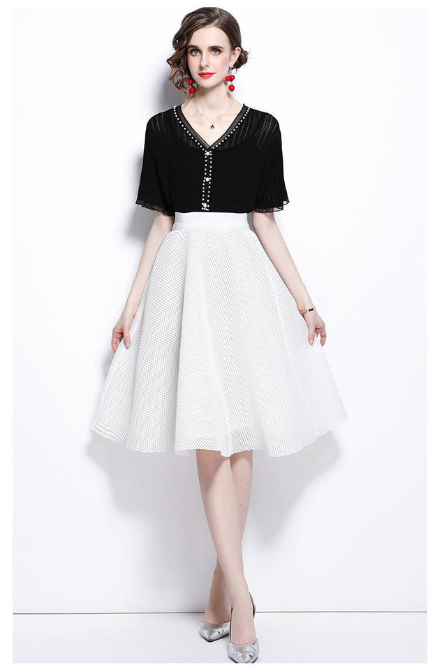 Ice Silk Breathable V-neck Nailed Beaded Knitwear and Hollowed Out Mesh Princess Skirt Two-Piece Set