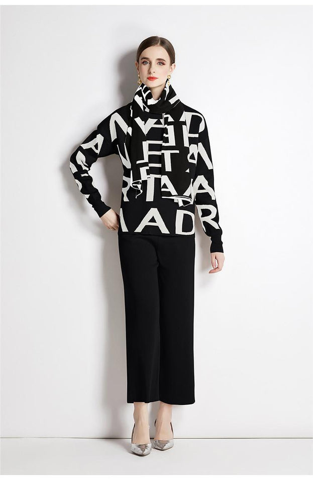 Monogram Sweater Top and Solid Pant Two-Piece Set