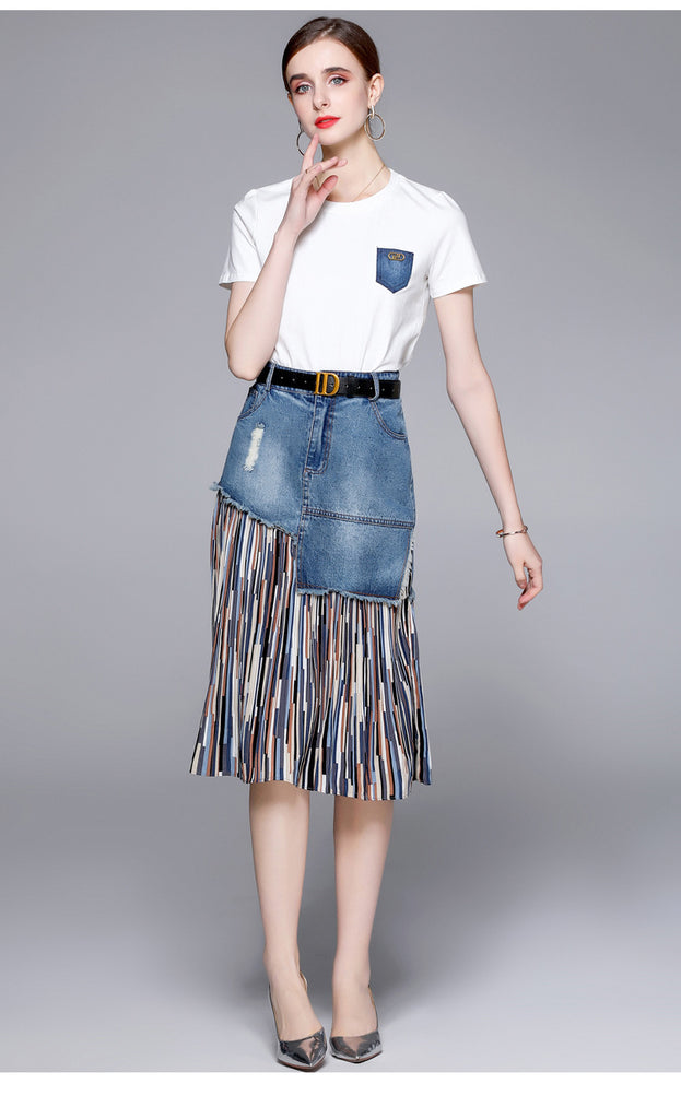 New Women's Crew Neck Short Sleeve T-shirt and Temperament Fashion Ftitching Denim Skirt Two-Piece Suit