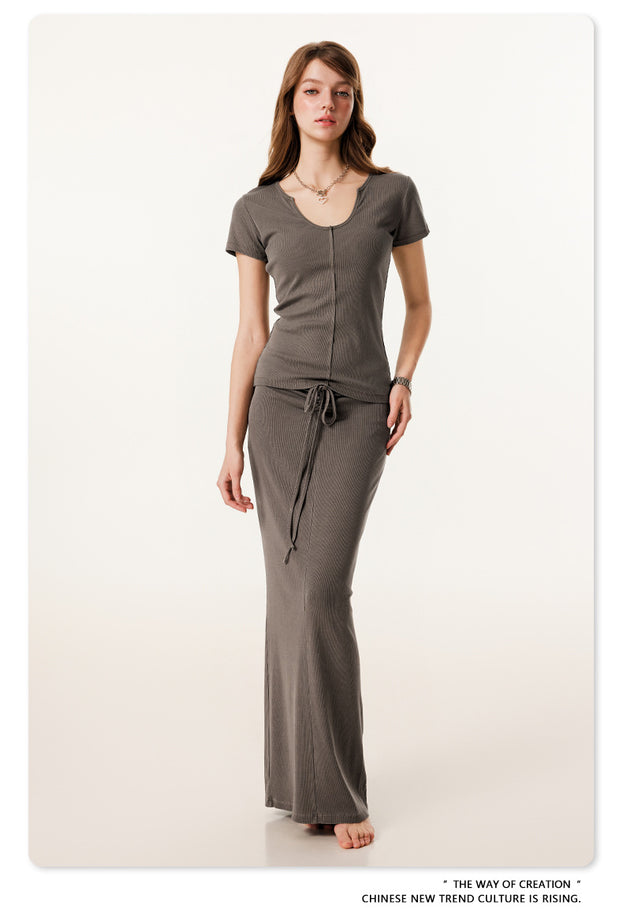 Summer Solid-color Waist-cinched U-neck Skin-friendly Top