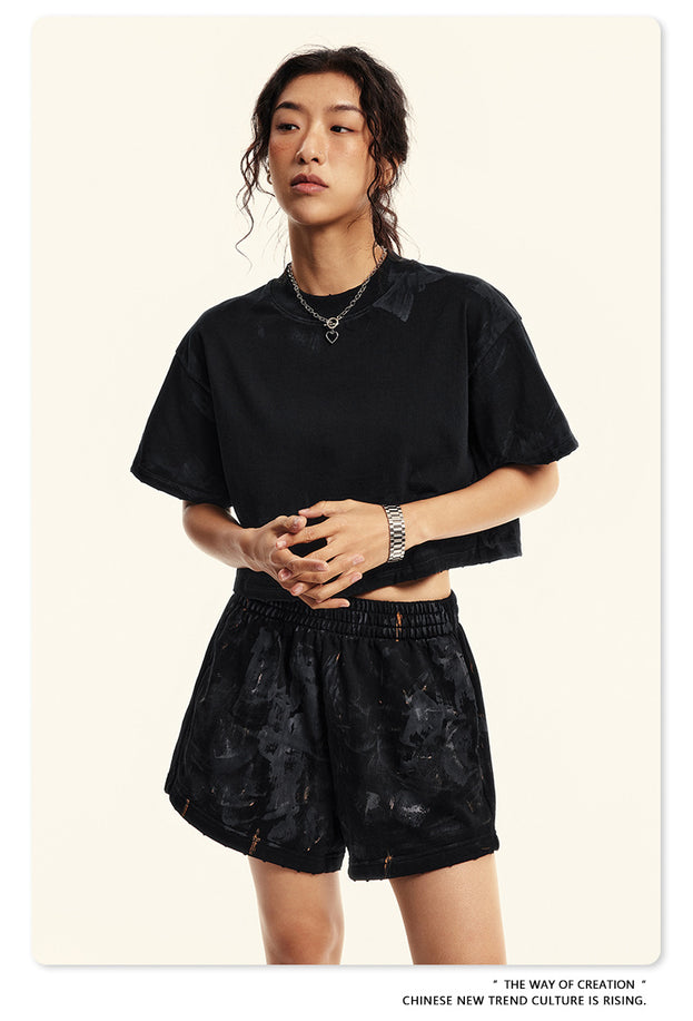 Summer Solid-color Sweat-absorbing Mud Dyed Aged Off-the-shoulder Top