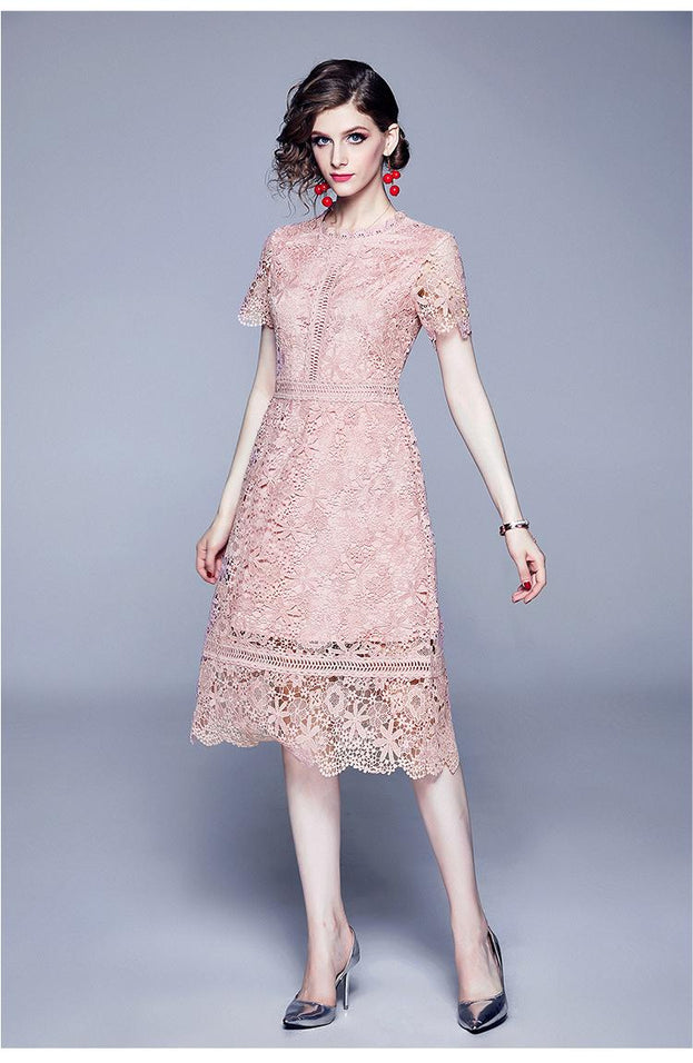 Water-Soluble Lace  Stitching Temperament Hook Flower Hollowed Out Short-Sleeved Dress