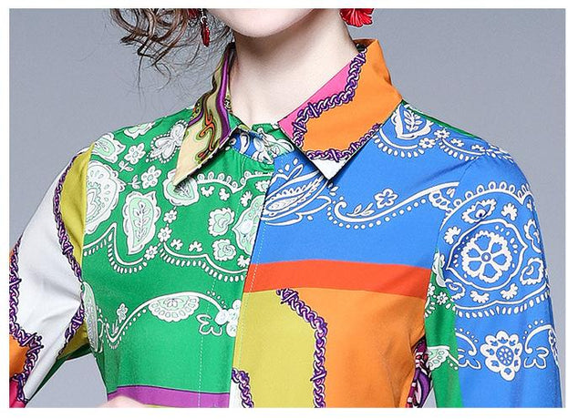 Fashion Temperament Dress Long-Sleeved Vintage Print Belt Tucked Mid-Length Skirt