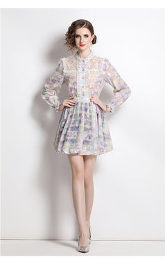 Fashion Printed Embroidery Patchwork Lace Lace Long-Sleeved Shirt Half Skirt Suit Skirt