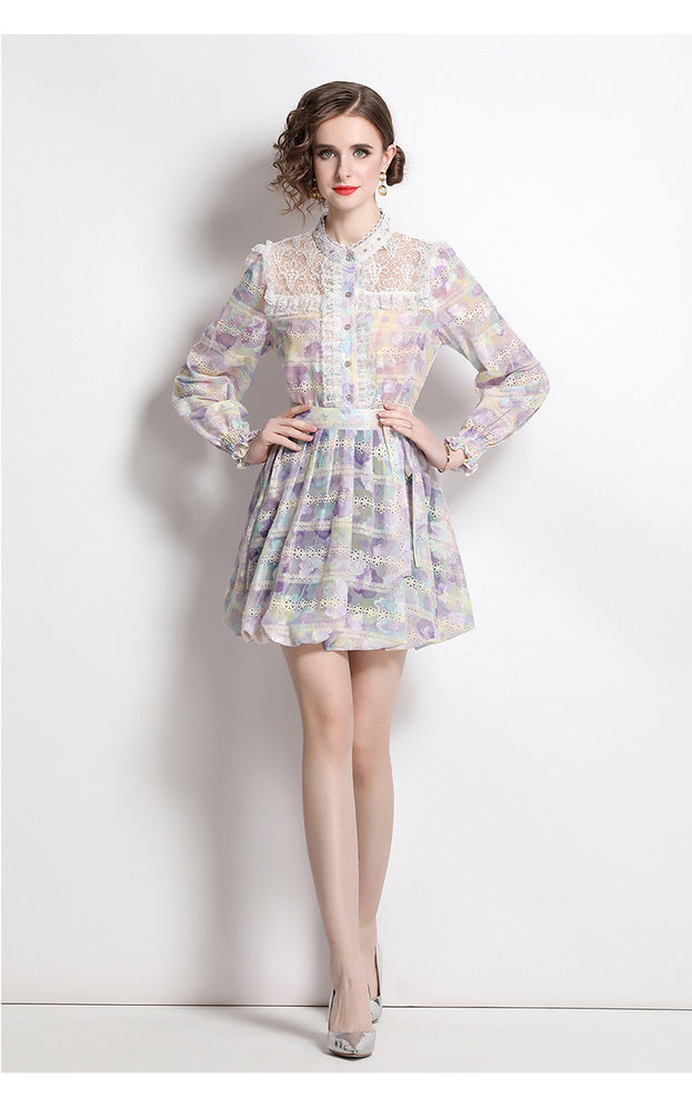 Fashion Printed Embroidery Patchwork Lace Lace Long-Sleeved Shirt Half Skirt Suit Skirt