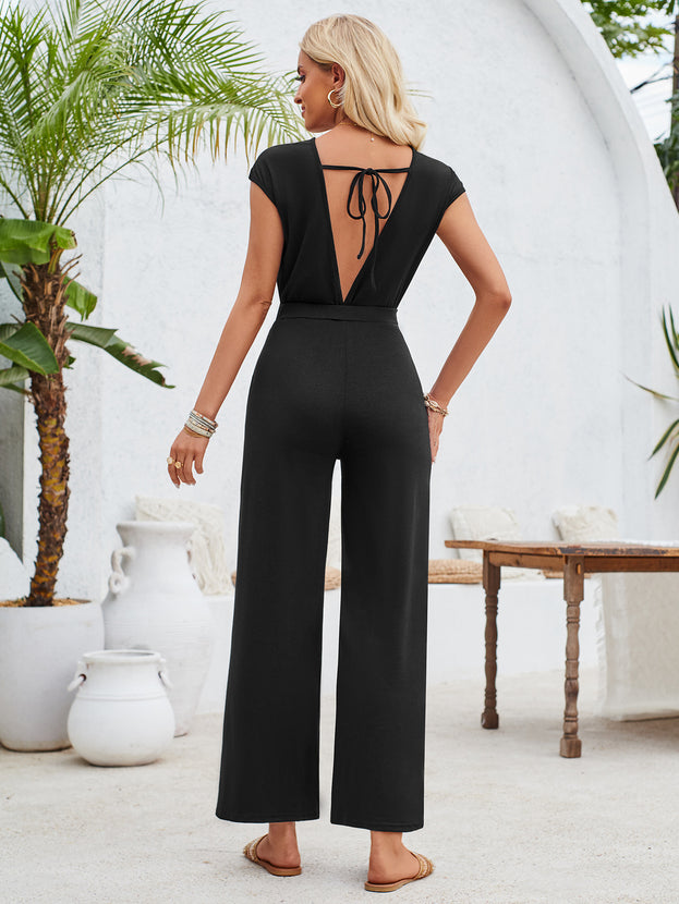 Summer Casual Daily Round-Neck Open-Back Slim-Fitting Short Sleeve Long Jumpsuit for Women