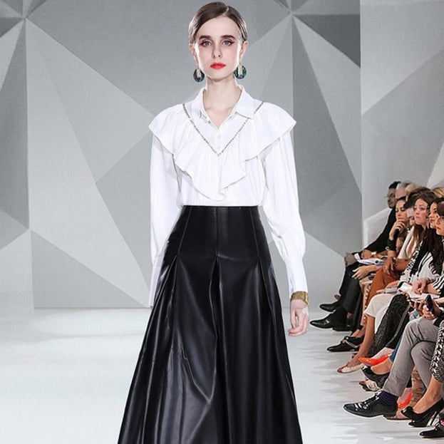 Solid Color Everything Chiffon Shirt and PU Retro Leather Skirt Half Skirt Two-Piece Set