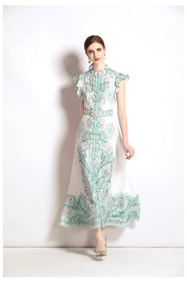 Vintage Fashion Print Dress Single Breasted Large Swing A-Line Skirt