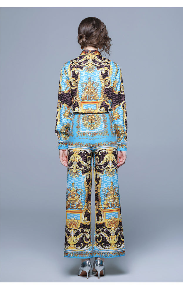 French Retro Palace Print Long-Sleeved Shirt Wide-Leg Pants Suit Women's Two-Piece Autumn Clothes New