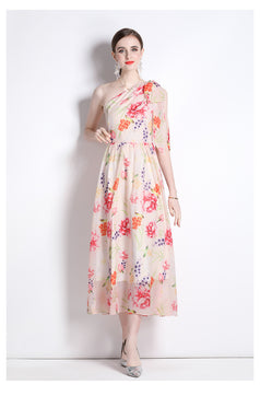 Fashion Resort Ethos Oblique Shoulder Lace-Up Print Full-Length Dress with Waist Tucked