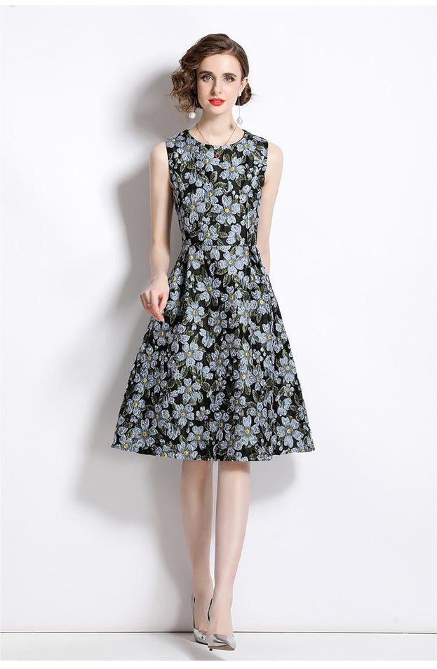 Sundress Socialite Temperament Jacquard Crewneck Sleeveless Mid-Length Dress