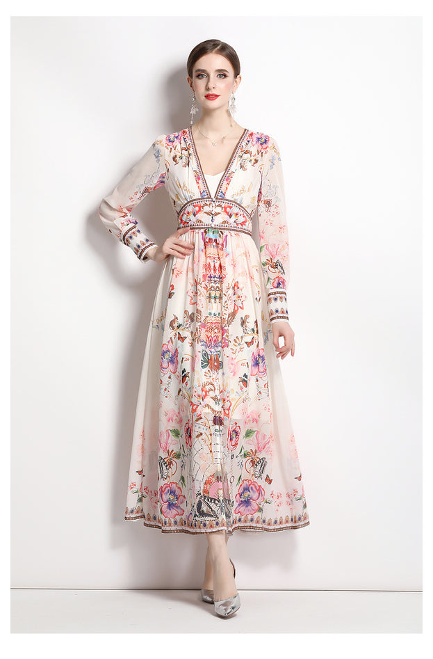 Temperament V-Neck Vintage Print Long-Sleeved Full-Length Dress with Waist Tucked in