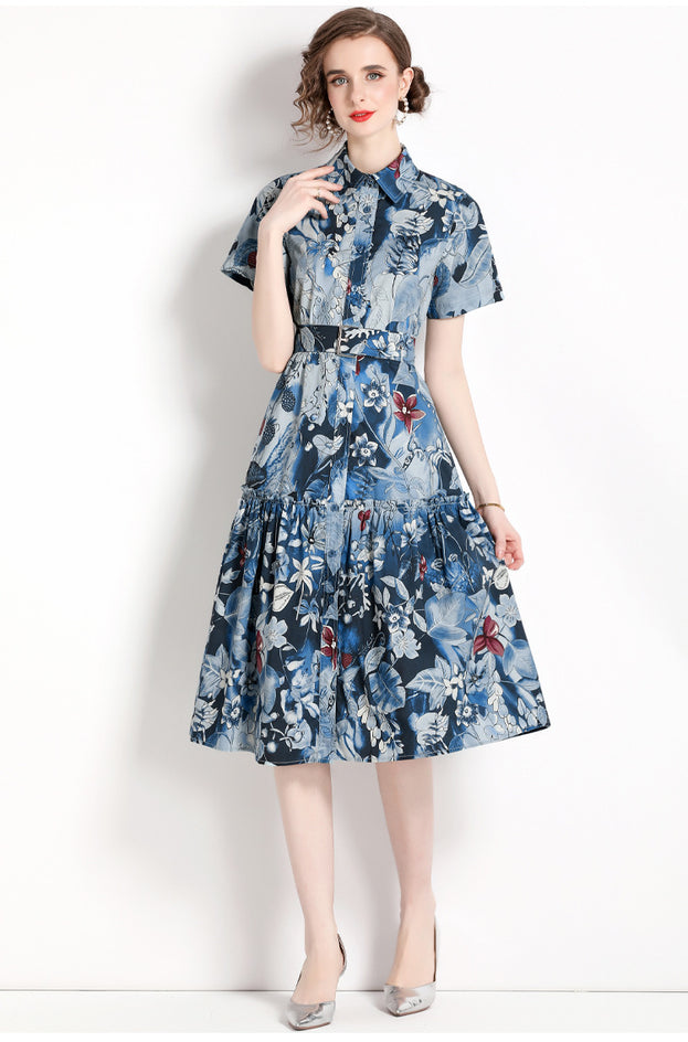 Printed Lapel Short Sleeve Waist Slimming Mid-Length Dress