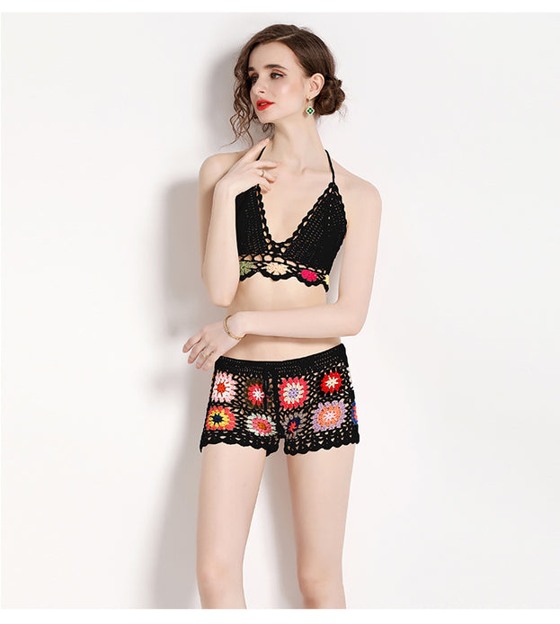 Knitted Hollowed Out V-Neck Strapless Top and Wide-Leg Shorts Two-Piece Suit