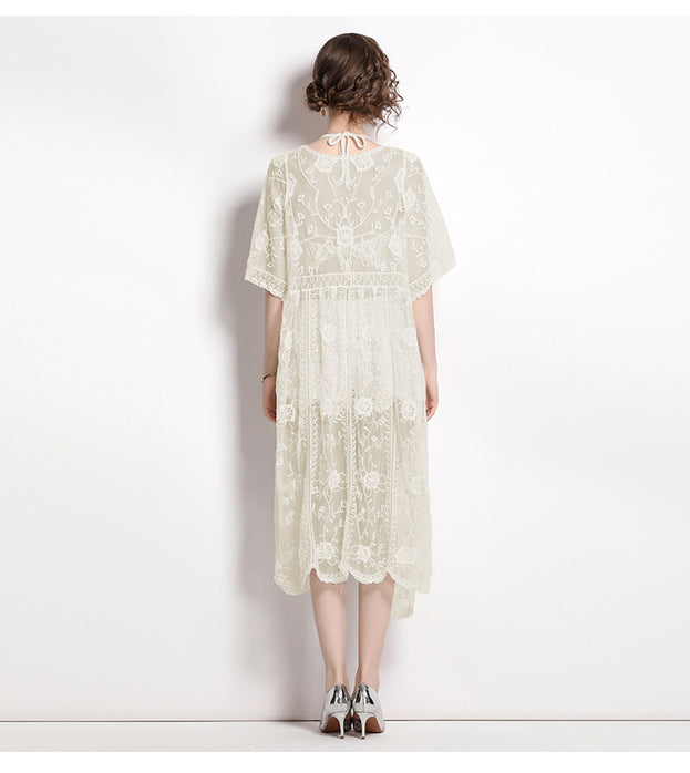 Lace Embroidery Mid-Length Sunscreen Cardigan Three-Piece Vest Set Wide Leg Pants