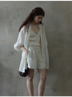 Linen transparent flower bud double-layer comfortable commuting women's shorts