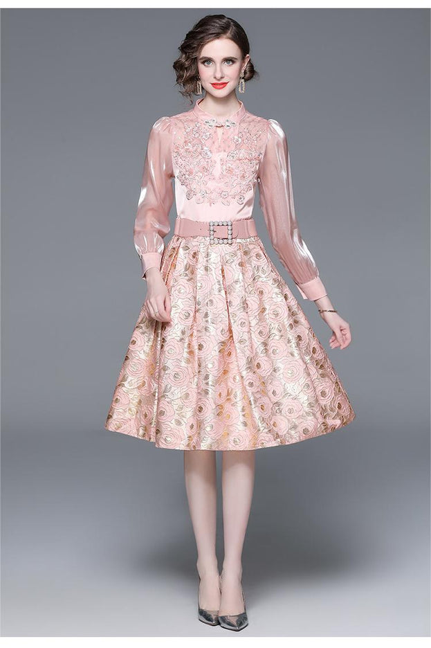 Elegant Pink Long-Sleeved Heavy Embroidery Dress