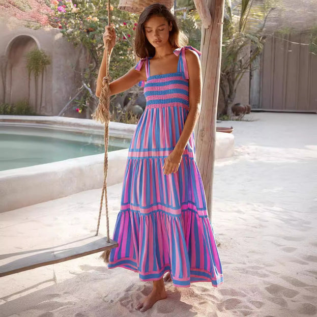 Summer Square-Neck Waisted Striped Pleated Flowy Slip Dress for Women