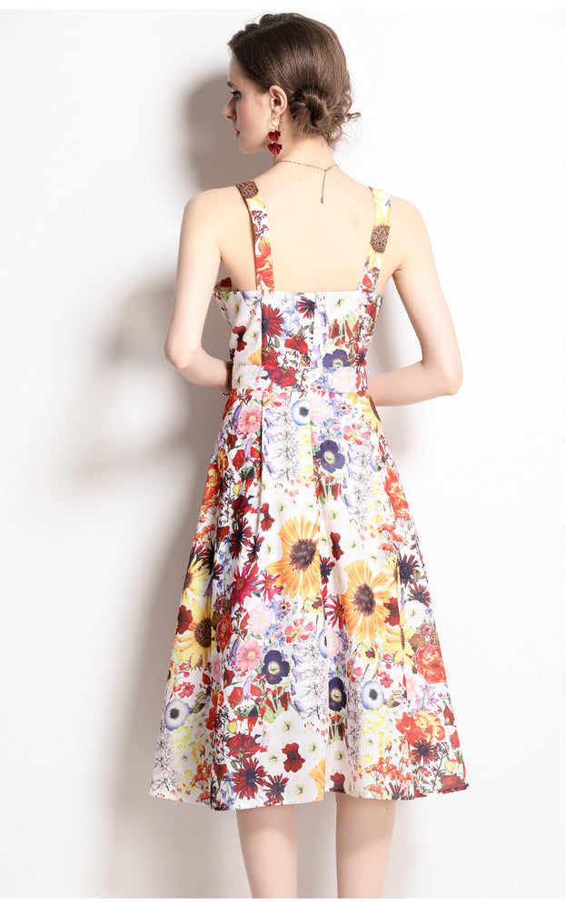 Fashion Holiday Style Floral Dress Vintage Print Suspender Skirt MIDI Skirt