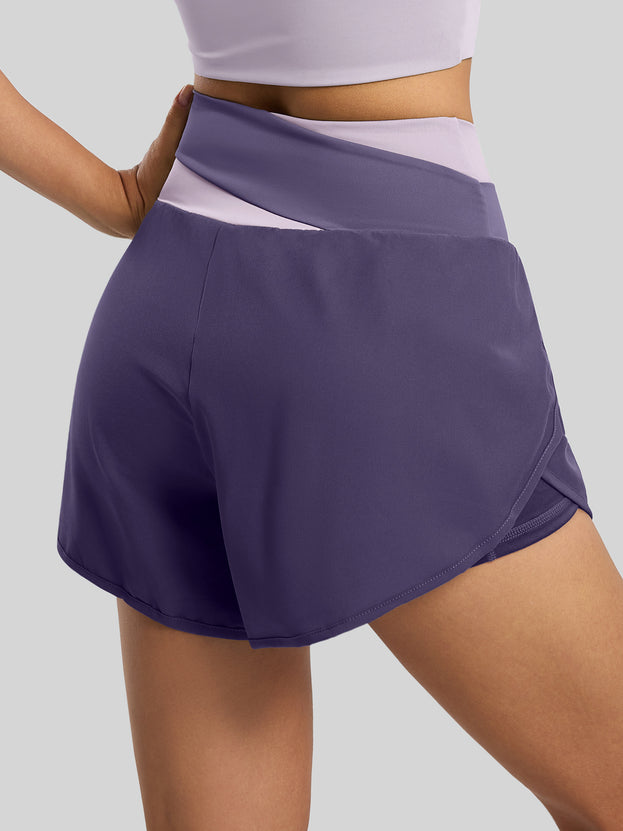 Color-Blocked Faux Two-Piece Anti-Exposure Women's Sports Shorts