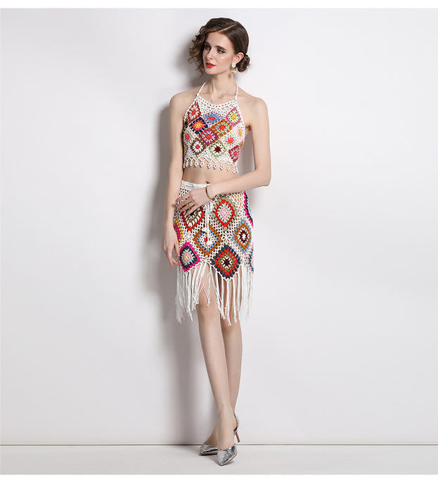 Fashion Suit Female Hook Flower Knitted Bump Color Suspender Vest Two-Piece Set and High Waist Tassel Skirt