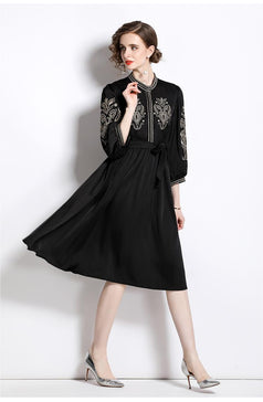 Temperament Elegant MIDI Skirt Embroidered Stand-Up Collar Lantern Sleeve Slim Dress