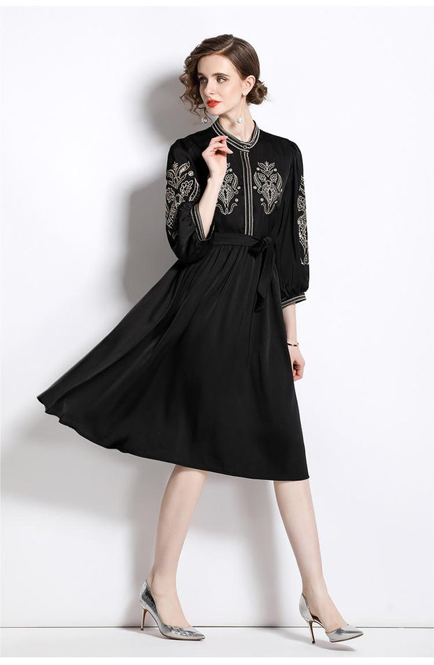 Temperament Elegant MIDI Skirt Embroidered Stand-Up Collar Lantern Sleeve Slim Dress