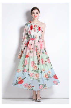 Printed Dress Chiffon Diagonal Shoulder Beach Skirt Seaside Holiday Maxi Skirt