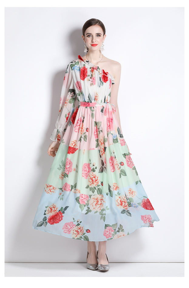 Printed Dress Chiffon Diagonal Shoulder Beach Skirt Seaside Holiday Maxi Skirt