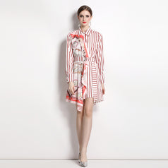 Striped Shirt Skirt Lapel Long Sleeve Tucked Waist A-Line Irregular Dress