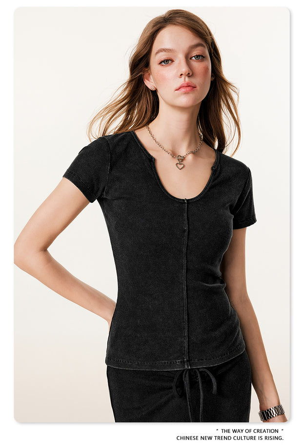 Solid-color Hot Girl Batik Aged Pullover Cotton Top