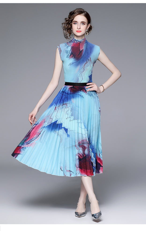 High Stretch Top and Printed Pleated Skirt Two-Piece Suit