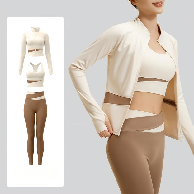 Women's Naked Yoga Waist Fitness Color-matching Three-piece Set