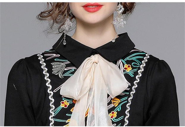 Women's Dress Temperament Retro Embroidery Flower Bow Slim Slimming Skirt Dress