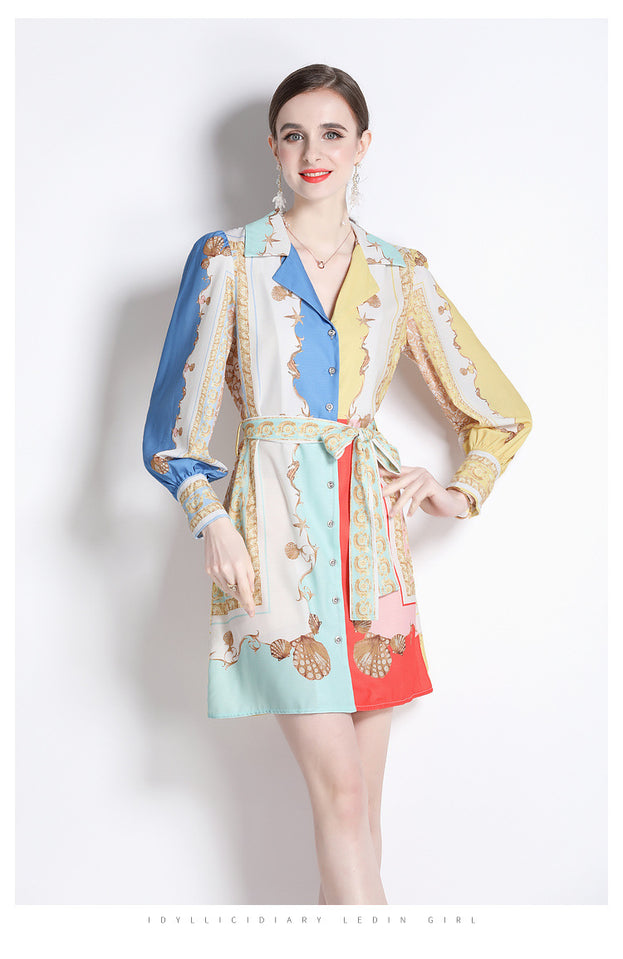 Temperament Skirt Stitching Clashing Color Print Long-Sleeved Slimming Retro Dress