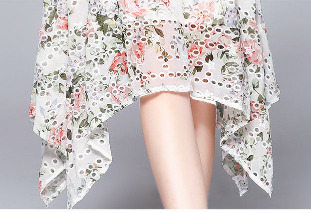 Printed Embroidery Hollowed Out Fashion Irregular Dress