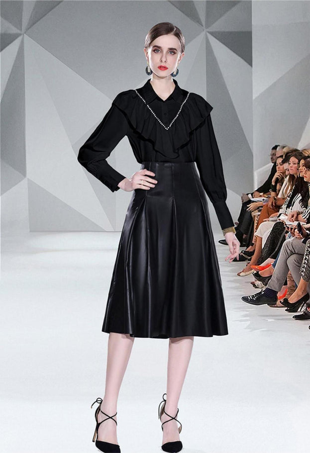 Solid Color Everything Chiffon Shirt and PU Retro Leather Skirt Half Skirt Two-Piece Set