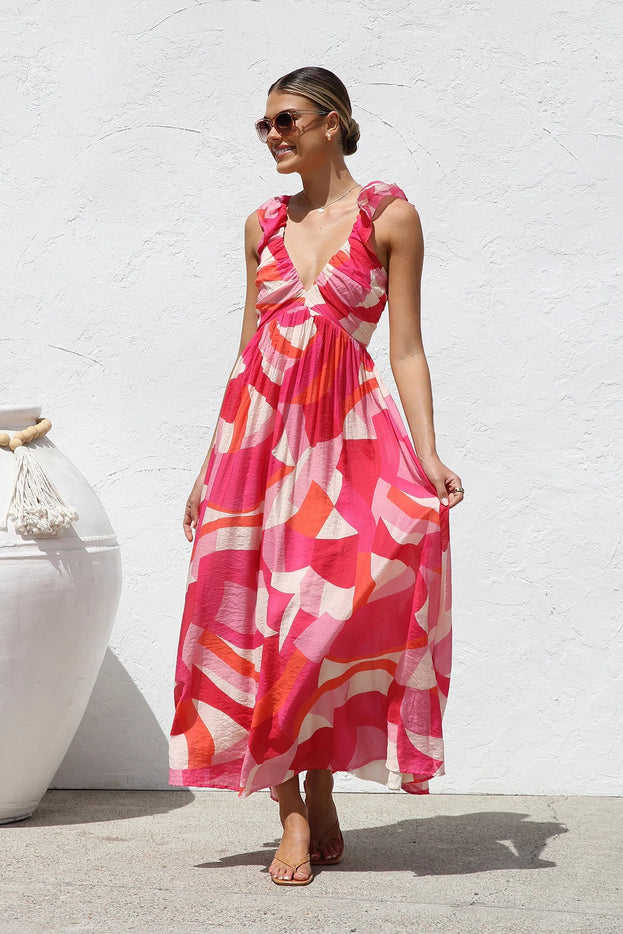 Summer Printed V-Neck Waisted Flowy Holiday-Style Slip Dress for Women