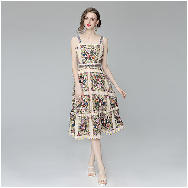 Tassel Suspender Dress Women's Summer New Women's Fashion Printed Slimming Large Swing Skirt