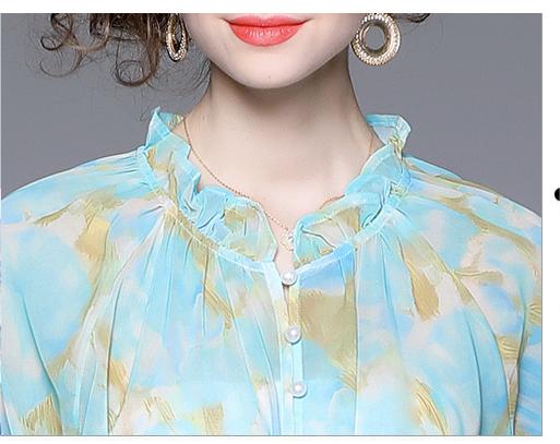 Long-Sleeved Blue Vintage Print Lantern Sleeve Two-Piece Dress with Wooden Ear Trim