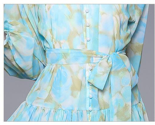 Long-Sleeved Blue Vintage Print Lantern Sleeve Two-Piece Dress with Wooden Ear Trim