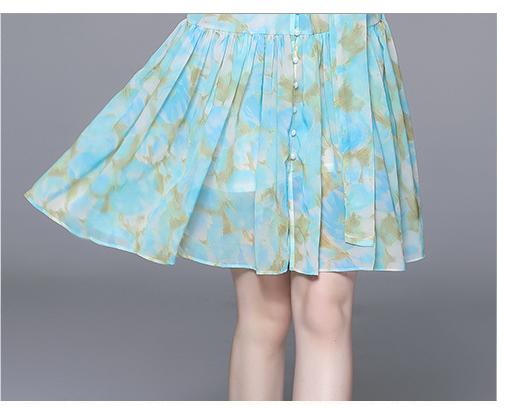 Long-Sleeved Blue Vintage Print Lantern Sleeve Two-Piece Dress with Wooden Ear Trim