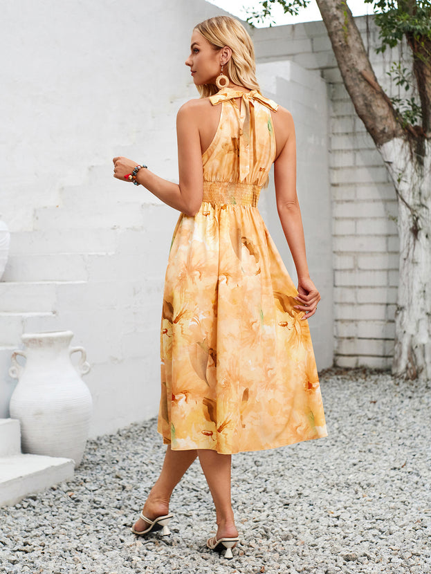 Summer  Casual Pleated Waisted A-Line Long Halter Dress for Women