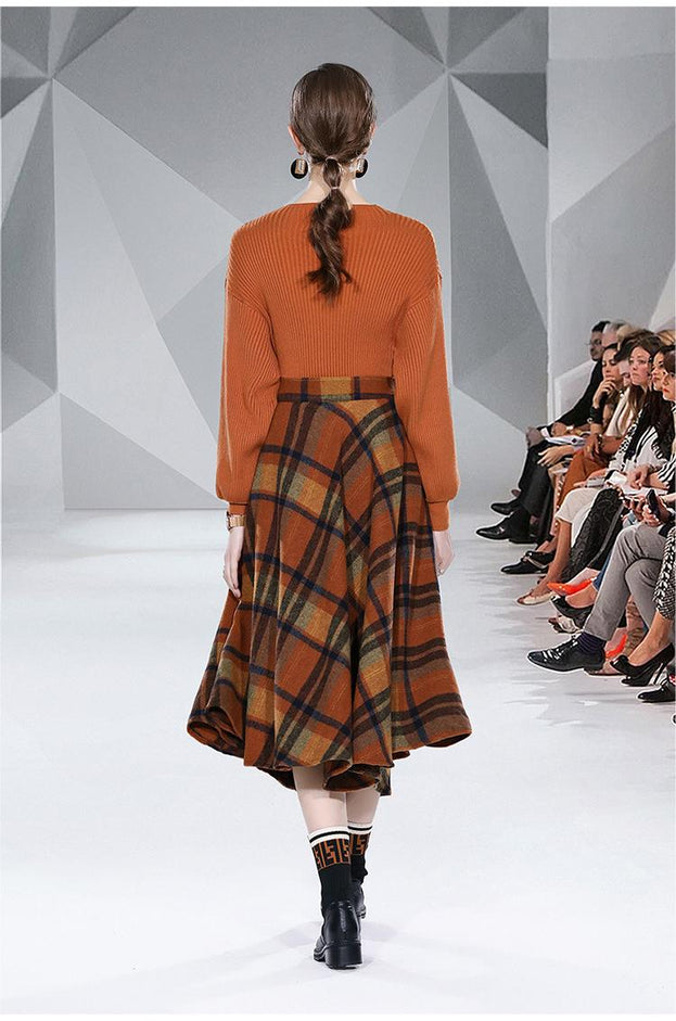 Pullover Long-Sleeved Sweater and Wool Plaid Skirt Set
