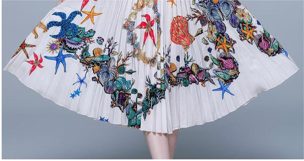 Vintage Print Pleated Short Sleeve Top and Pleated Skirt Fashion Two-Piece Suit