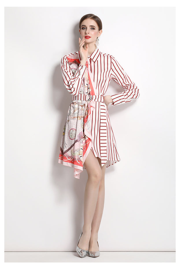 Striped Shirt Skirt Lapel Long Sleeve Tucked Waist A-Line Irregular Dress