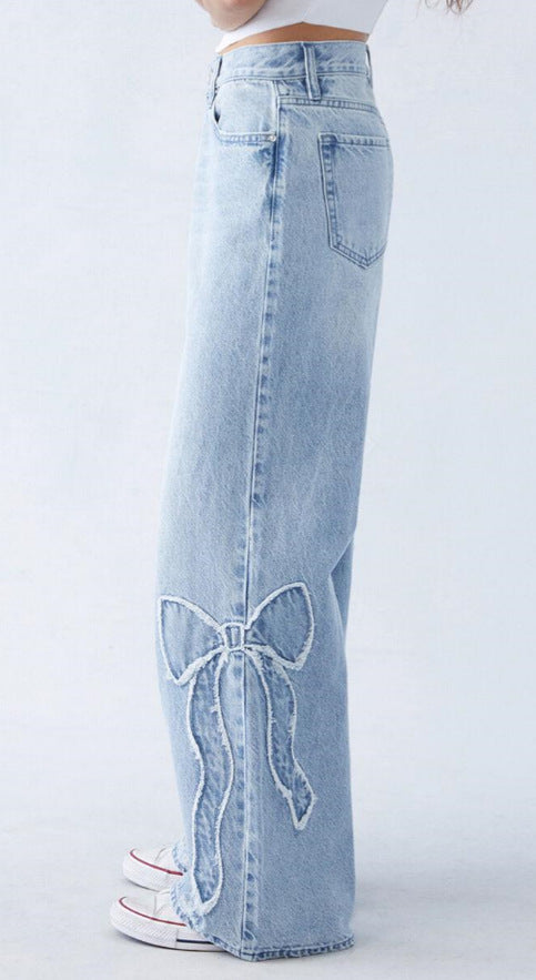 American Fashion Side-Fringed Butterfly-Embroidered Loose Straight Denim Pant for Women