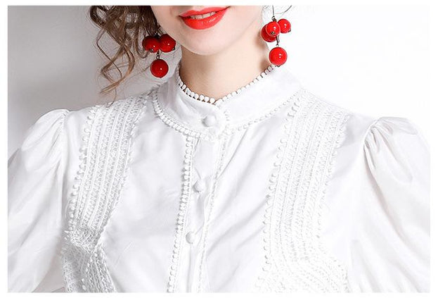 Thin Lace Patchwork Lantern Sleeve White Dress