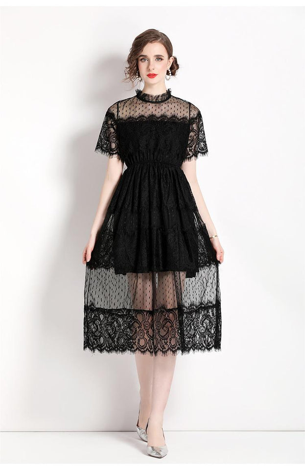 Lace stitching Mesh Yarn Waist Slimming Short Sleeve Long Dress