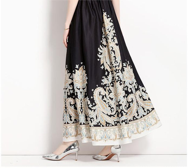 Fashion Vintage Printed V-Neck Sleeveless Dress Slimming A-Line Maxi Skirt